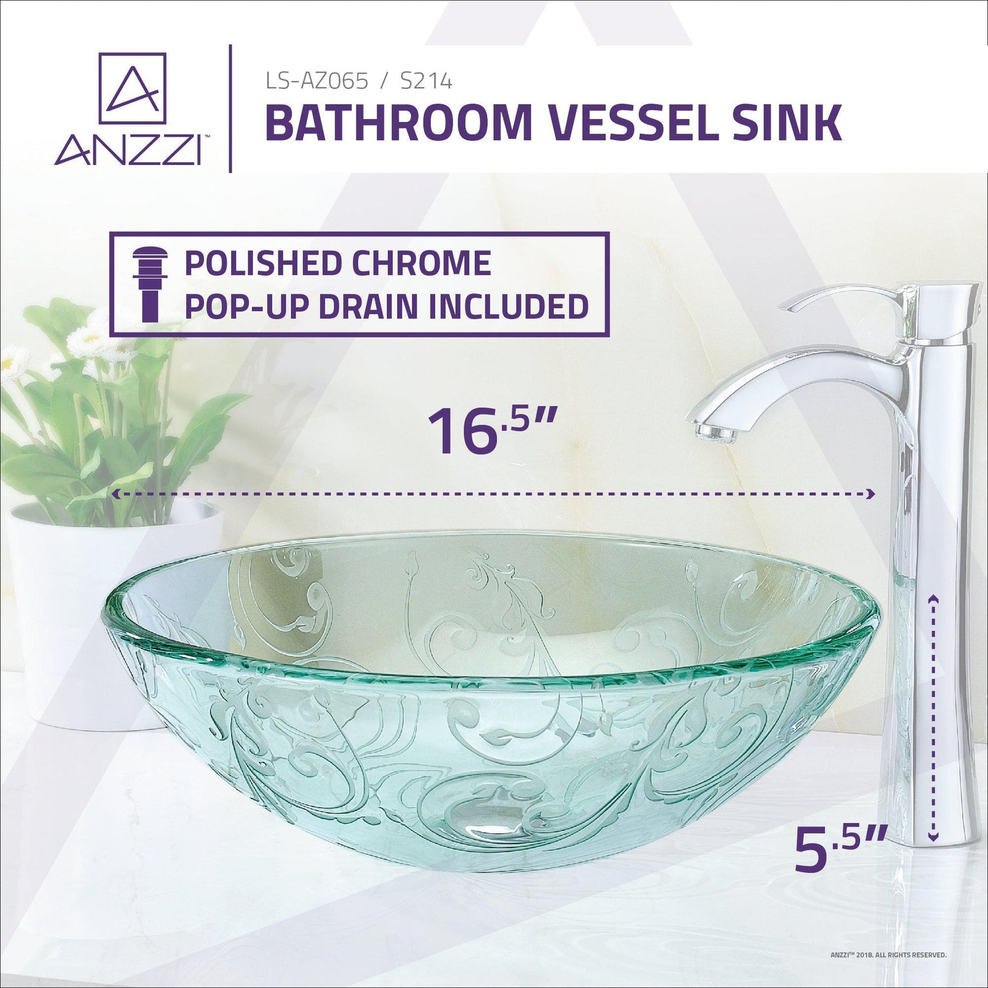 ANZZI Vieno Series 17" x 17" Round Crystal Clear Floral Deco-Glass Vessel Sink With Polished Chrome Pop-Up Drain