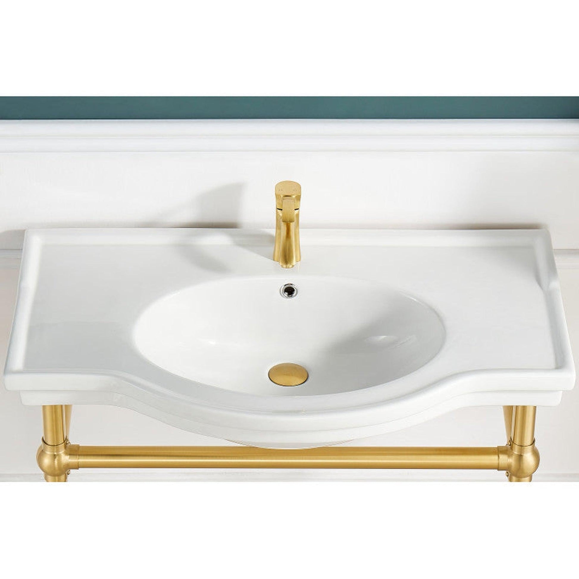 ANZZI Viola Series 35" x 34" White Ceramic Console Sink With Brushed Gold Stainless Steel Stand Legs