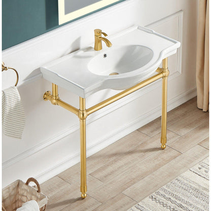 ANZZI Viola Series 35" x 34" White Ceramic Console Sink With Brushed Gold Stainless Steel Stand Legs