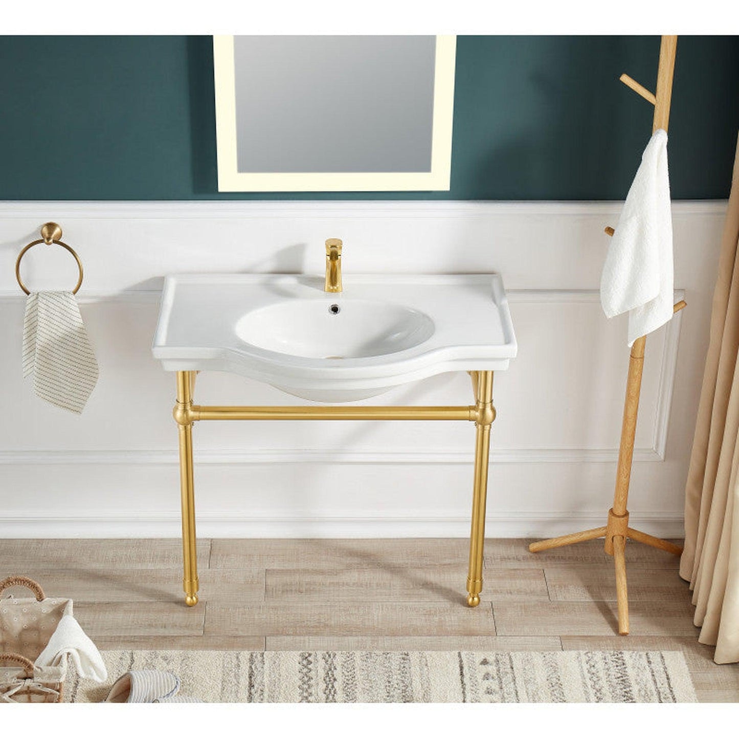 ANZZI Viola Series 35" x 34" White Ceramic Console Sink With Brushed Gold Stainless Steel Stand Legs