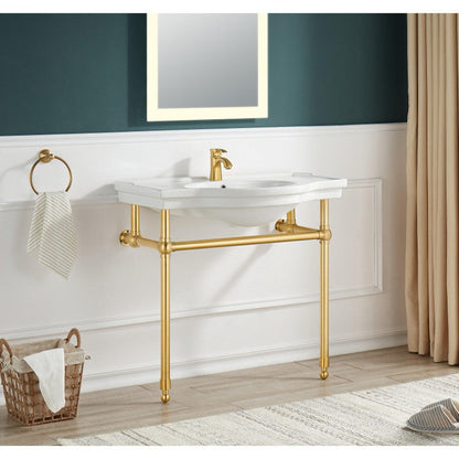 ANZZI Viola Series 35" x 34" White Ceramic Console Sink With Brushed Gold Stainless Steel Stand Legs