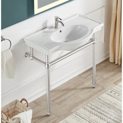 ANZZI Viola Series 35" x 34" White Ceramic Console Sink With Brushed Nickel Stainless Steel Stand Legs