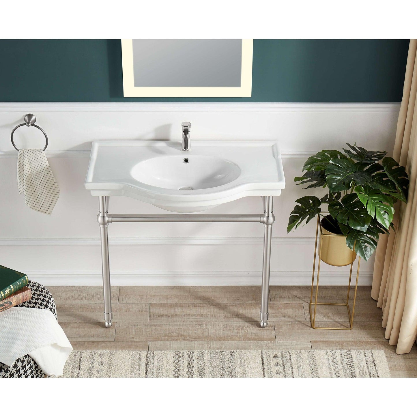 ANZZI Viola Series 35" x 34" White Ceramic Console Sink With Brushed Nickel Stainless Steel Stand Legs