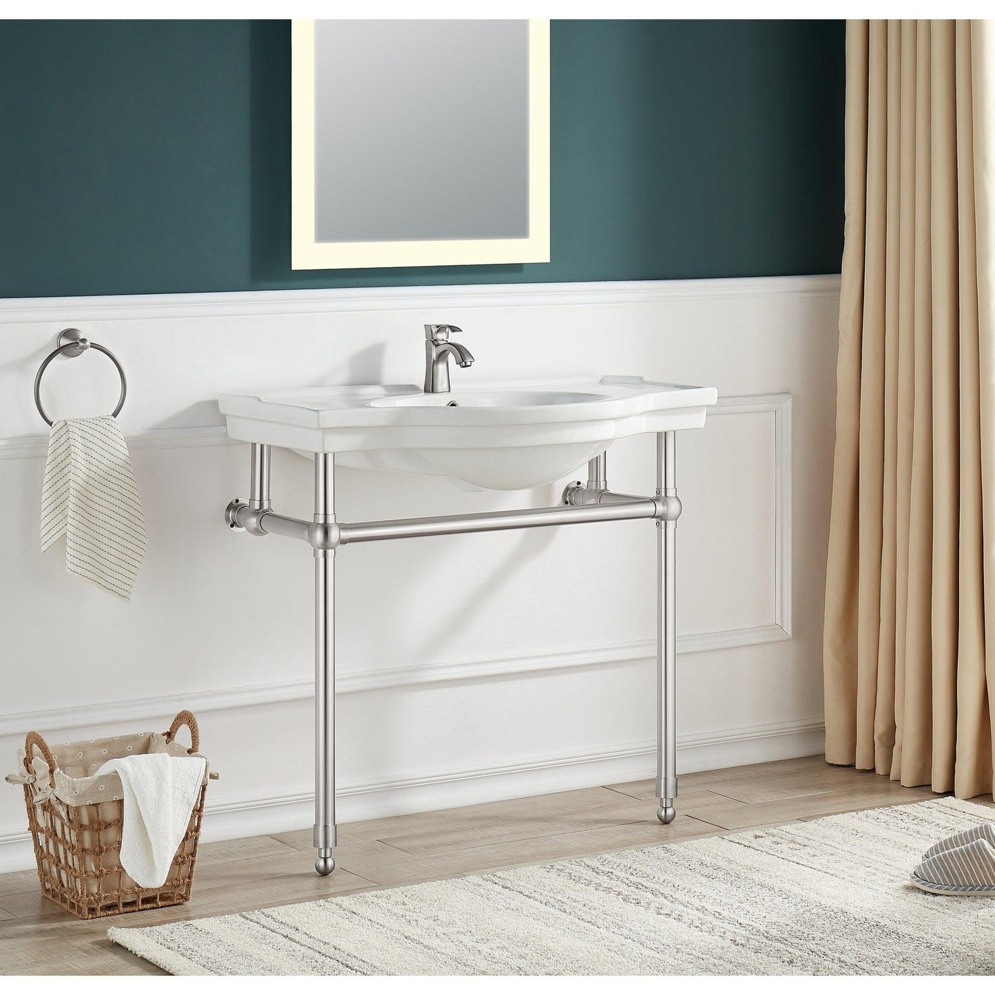 ANZZI Viola Series 35" x 34" White Ceramic Console Sink With Brushed Nickel Stainless Steel Stand Legs