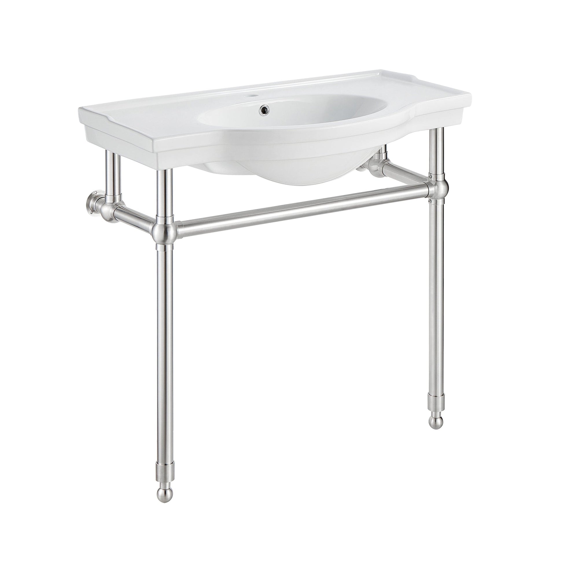 ANZZI Viola Series 35" x 34" White Ceramic Console Sink With Brushed Nickel Stainless Steel Stand Legs