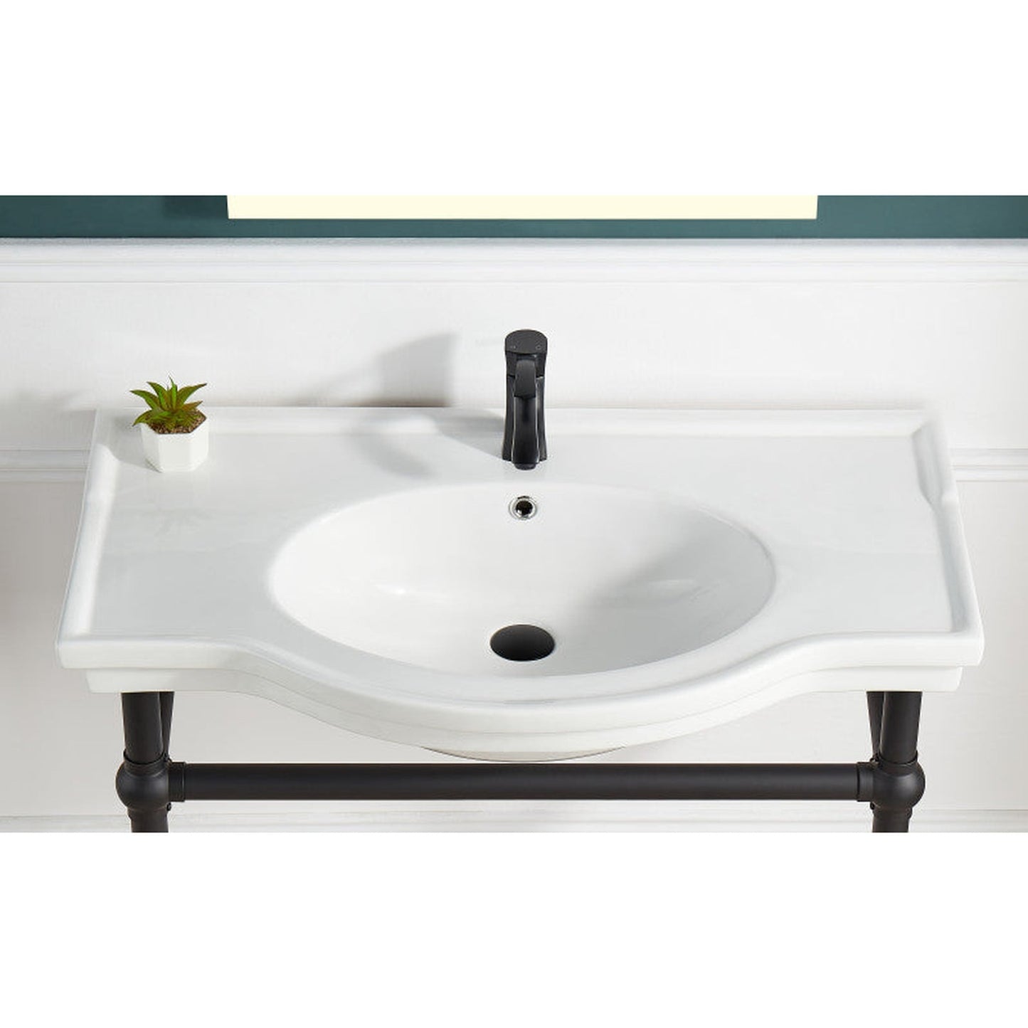 ANZZI Viola Series 35" x 34" White Ceramic Console Sink With Matte Black Stainless Steel Stand Legs