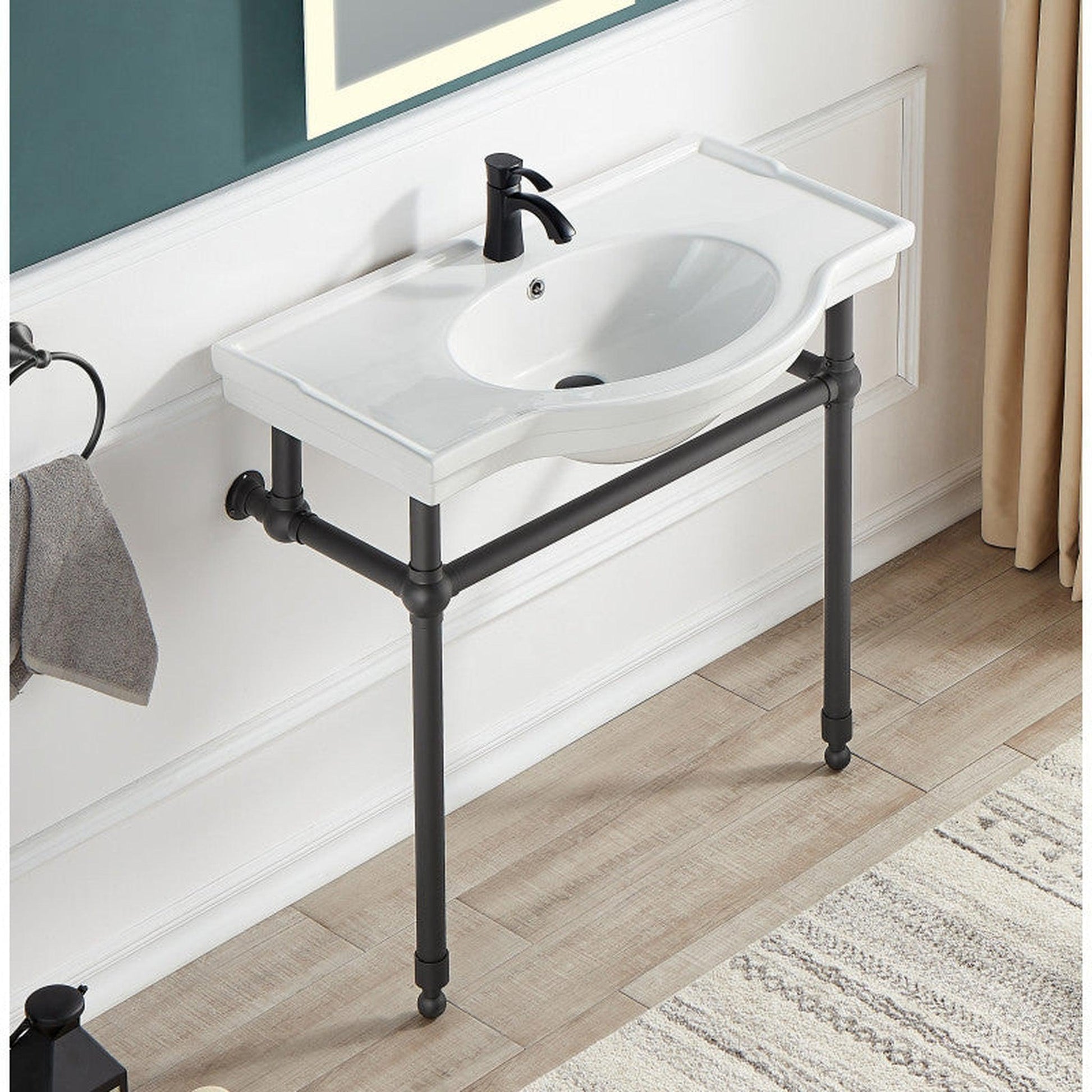 ANZZI Viola Series 35" x 34" White Ceramic Console Sink With Matte Black Stainless Steel Stand Legs