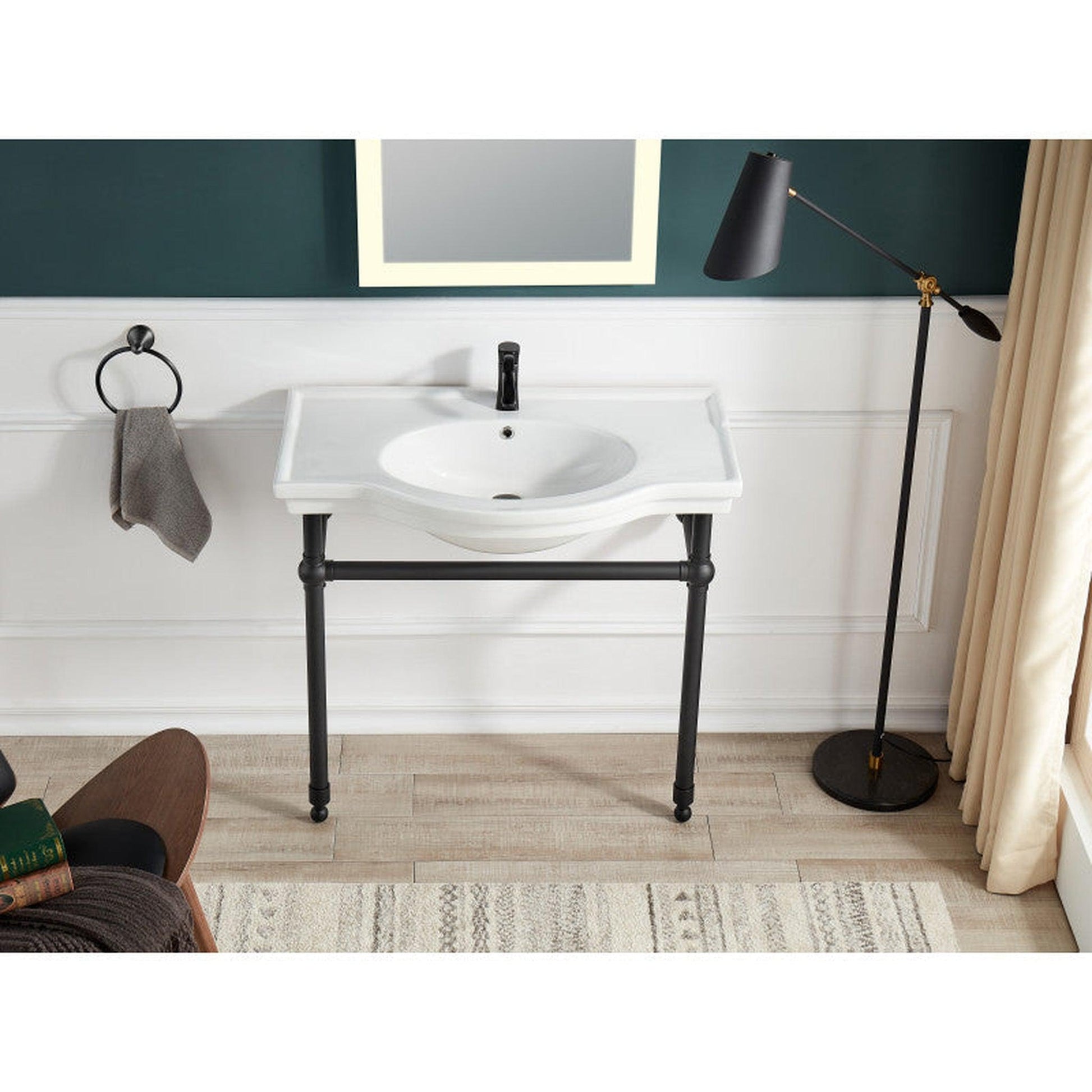 ANZZI Viola Series 35" x 34" White Ceramic Console Sink With Matte Black Stainless Steel Stand Legs