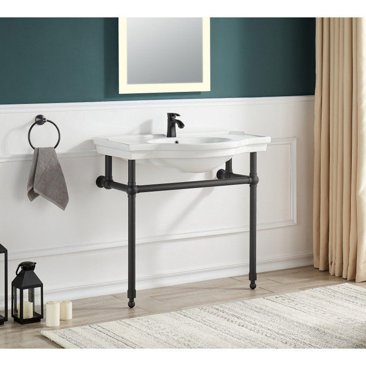 ANZZI Viola Series 35" x 34" White Ceramic Console Sink With Matte Black Stainless Steel Stand Legs