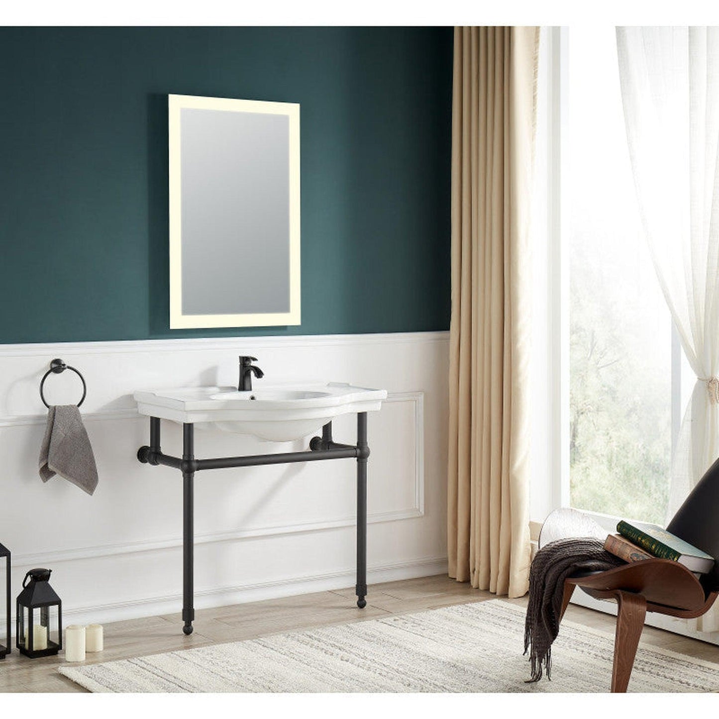 ANZZI Viola Series 35" x 34" White Ceramic Console Sink With Matte Black Stainless Steel Stand Legs