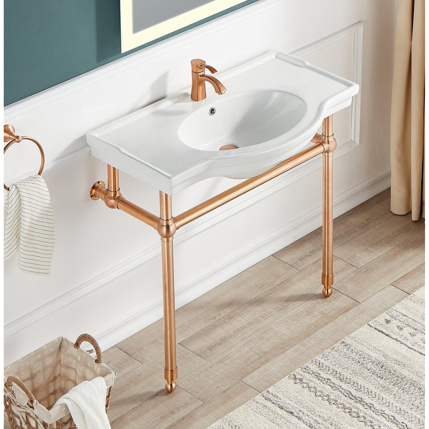 ANZZI Viola Series 35" x 34" White Ceramic Console Sink With Rose Gold Stainless Steel Stand Legs
