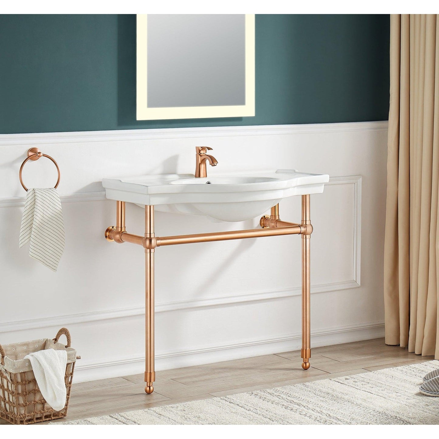 ANZZI Viola Series 35" x 34" White Ceramic Console Sink With Rose Gold Stainless Steel Stand Legs