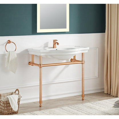 ANZZI Viola Series 35" x 34" White Ceramic Console Sink With Rose Gold Stainless Steel Stand Legs