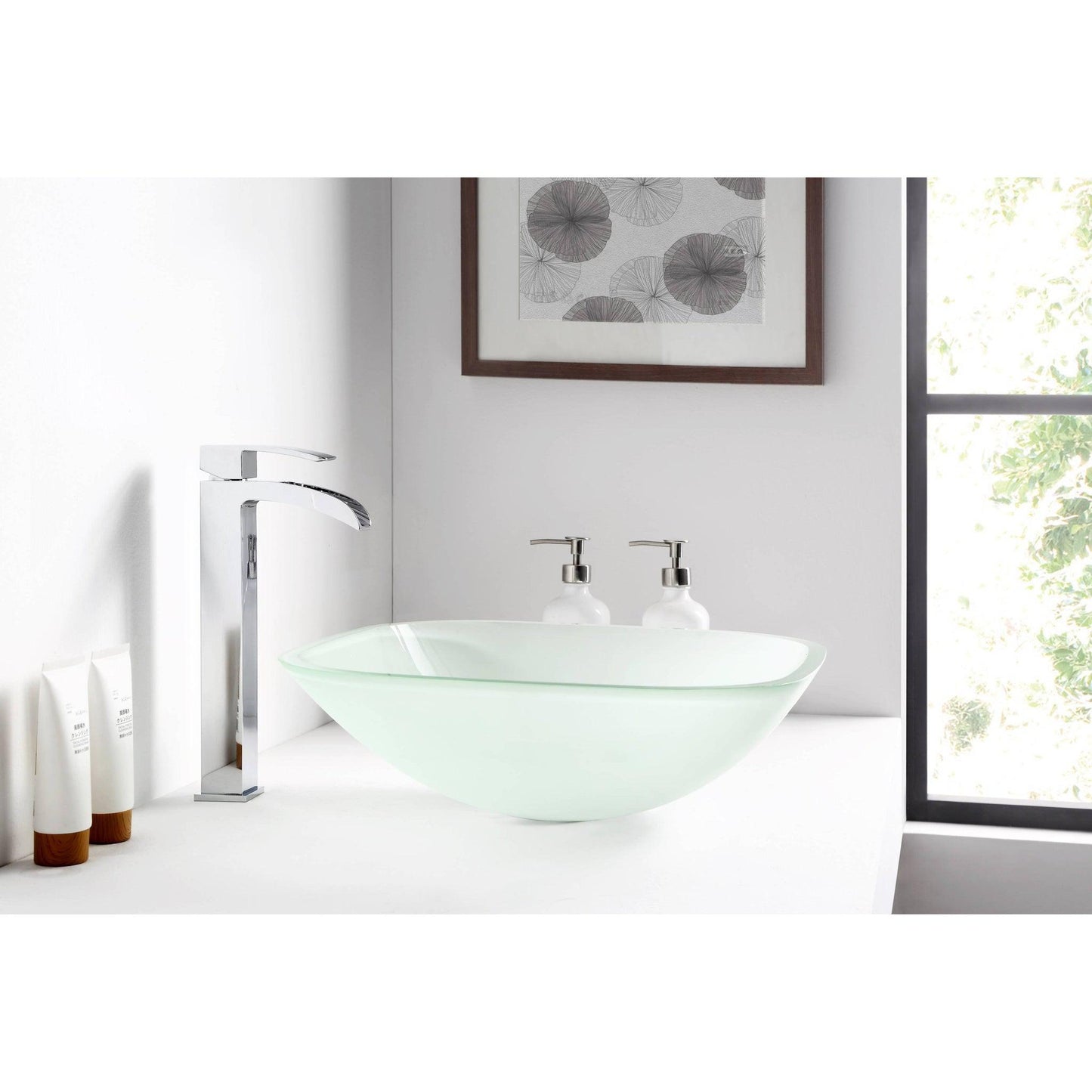 ANZZI Vista Series 17" x 17" Square Shape Lustrous Frosted Deco-Glass Vessel Sink With Polished Chrome Pop-Up Drain