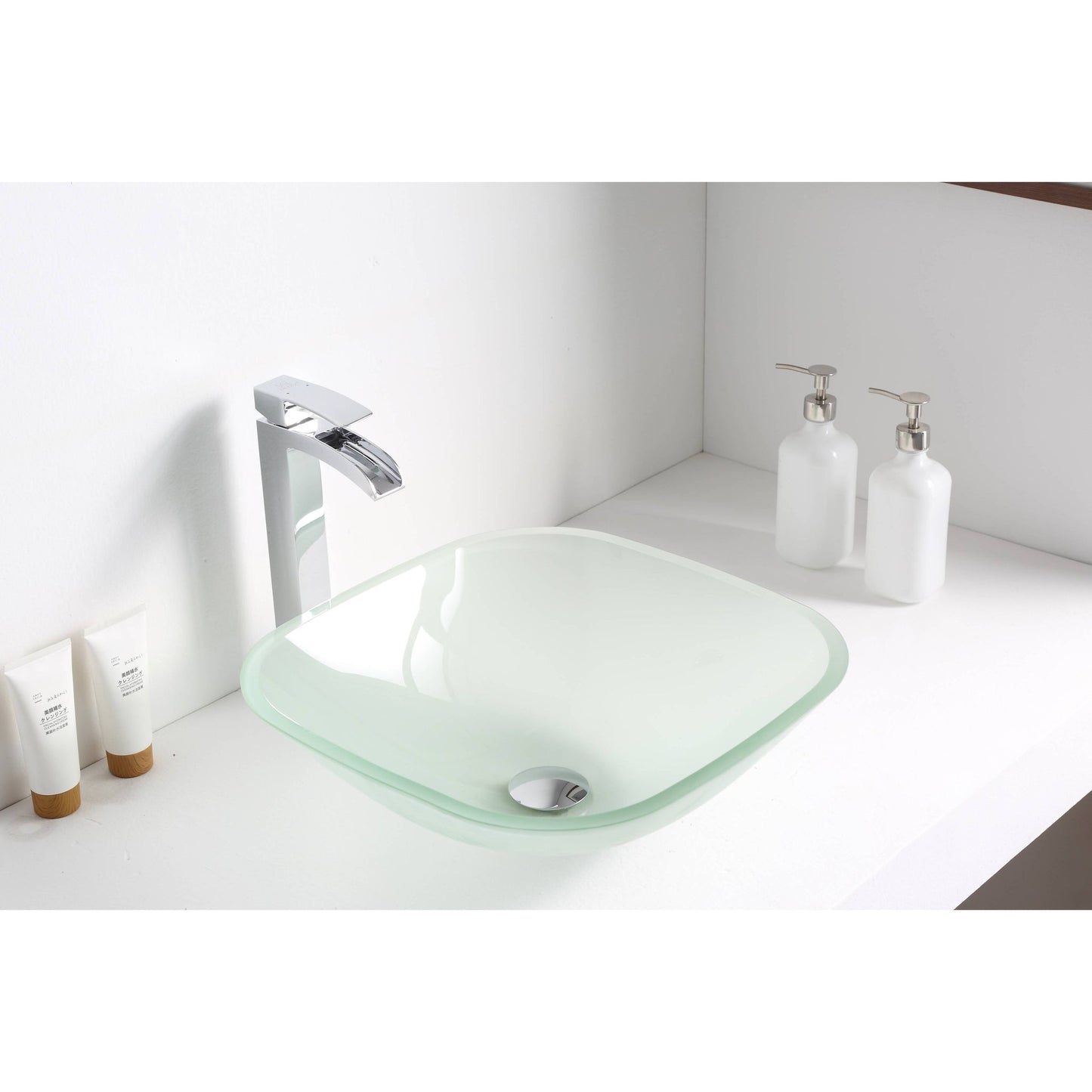 ANZZI Vista Series 17" x 17" Square Shape Lustrous Frosted Deco-Glass Vessel Sink With Polished Chrome Pop-Up Drain