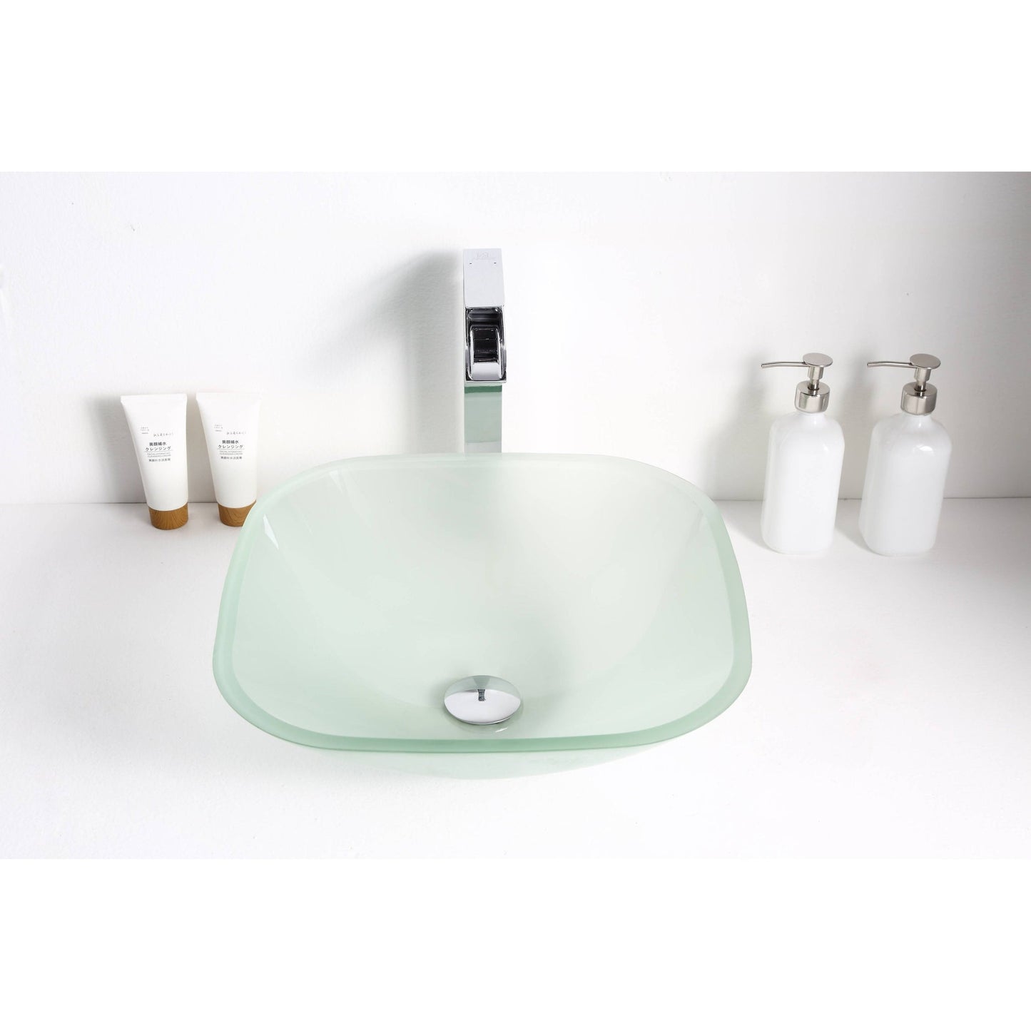 ANZZI Vista Series 17" x 17" Square Shape Lustrous Frosted Deco-Glass Vessel Sink With Polished Chrome Pop-Up Drain