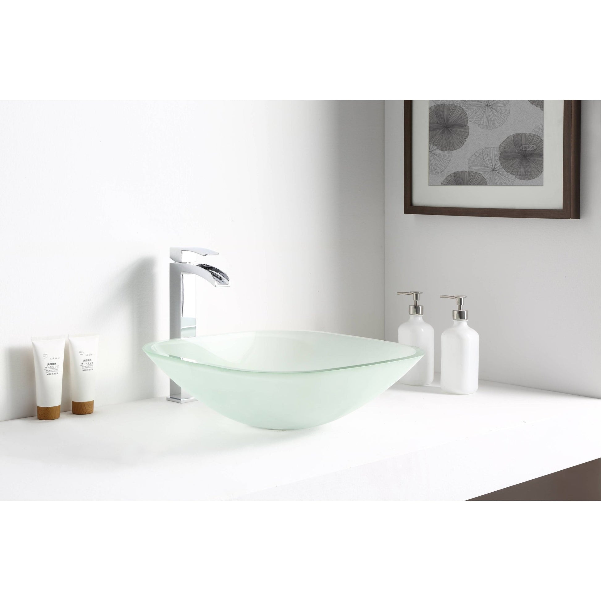 ANZZI Vista Series 17" x 17" Square Shape Lustrous Frosted Deco-Glass Vessel Sink With Polished Chrome Pop-Up Drain