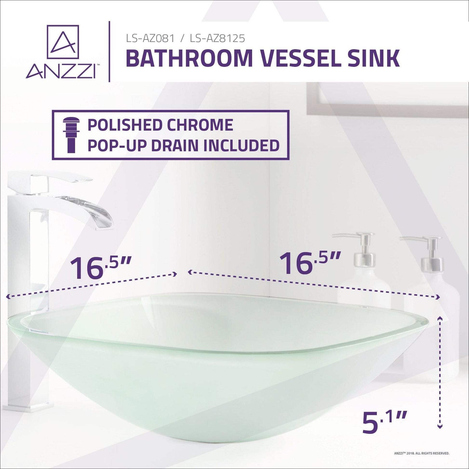 ANZZI Vista Series 17" x 17" Square Shape Lustrous Frosted Deco-Glass Vessel Sink With Polished Chrome Pop-Up Drain