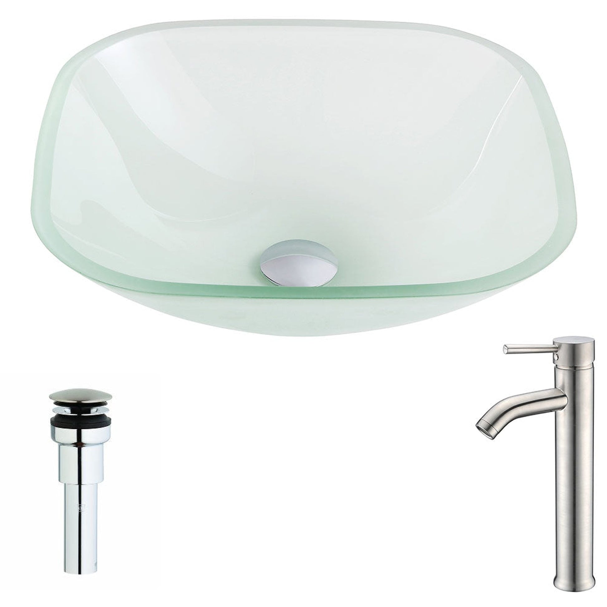 ANZZI Vista Series 17" x 17" Square Shape Lustrous Frosted Deco-Glass Vessel Sink With Polished Chrome Pop-Up Drain and Brushed Nickel Fann Faucet