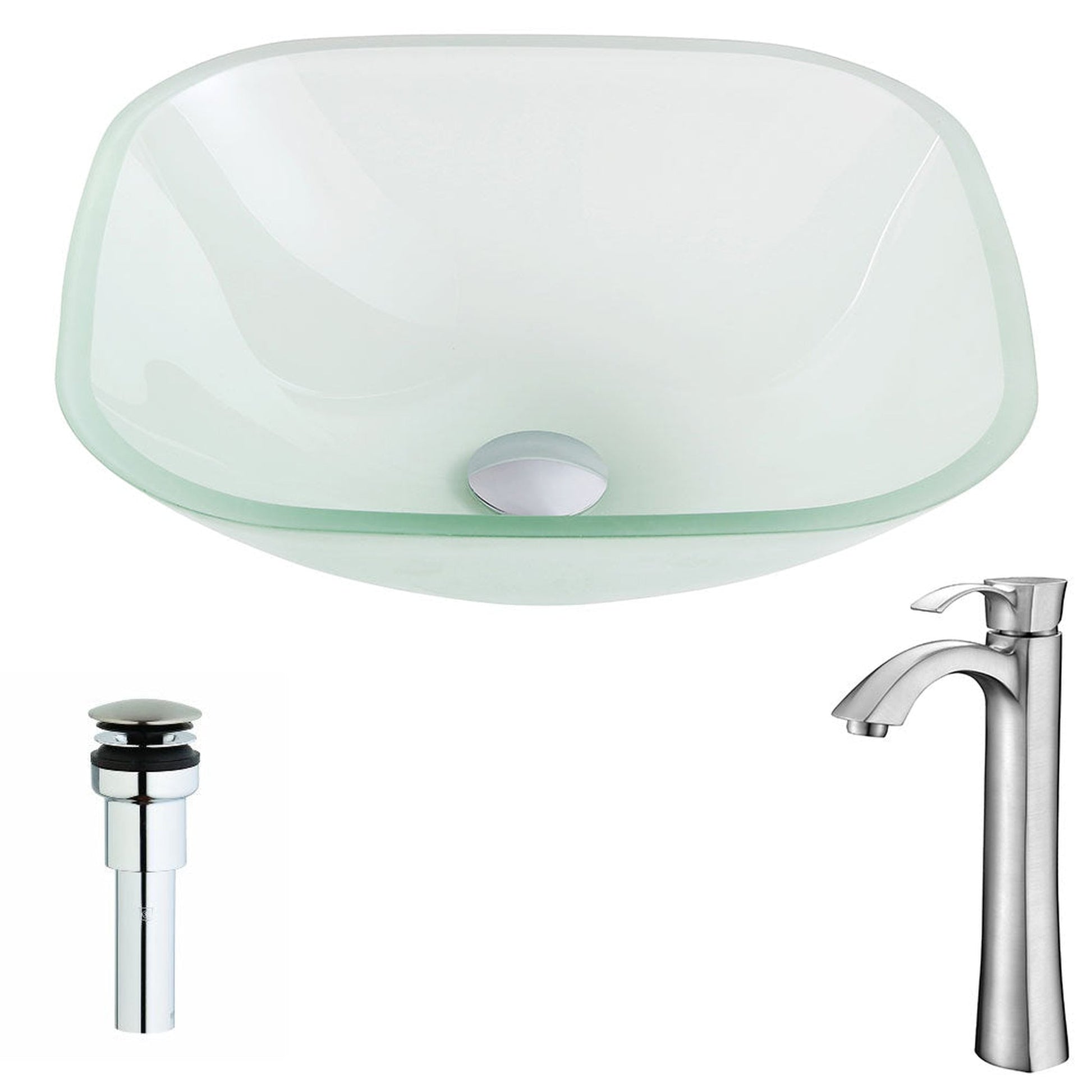 ANZZI Vista Series 17" x 17" Square Shape Lustrous Frosted Deco-Glass Vessel Sink With Polished Chrome Pop-Up Drain and Brushed Nickel Harmony Faucet