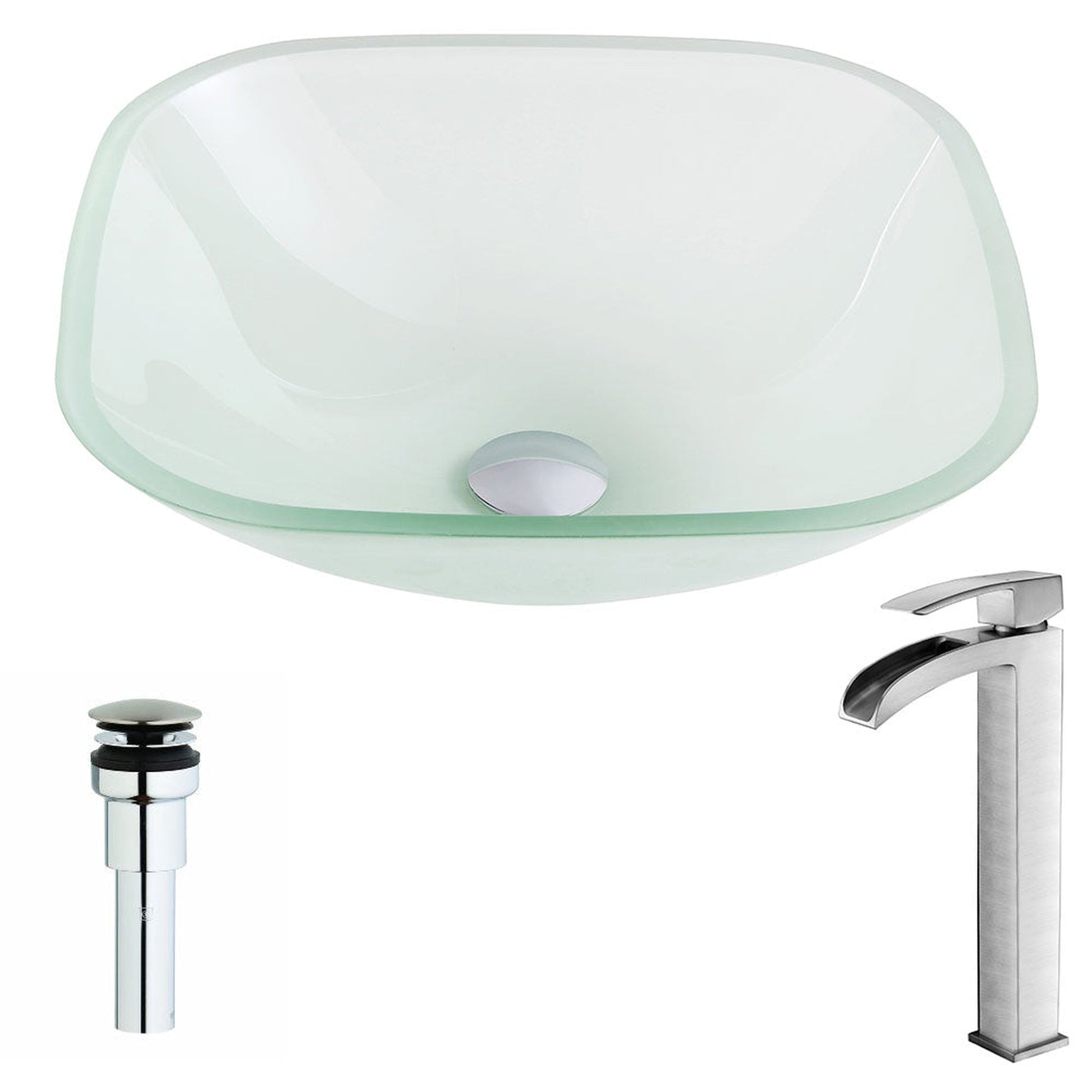 ANZZI Vista Series 17" x 17" Square Shape Lustrous Frosted Deco-Glass Vessel Sink With Polished Chrome Pop-Up Drain and Brushed Nickel Key Faucet