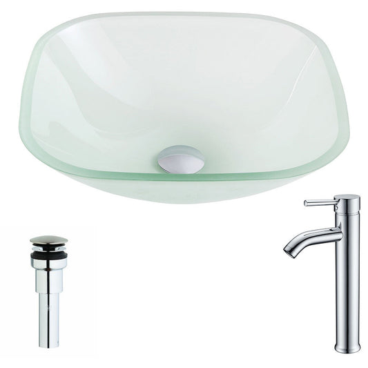 ANZZI Vista Series 17" x 17" Square Shape Lustrous Frosted Deco-Glass Vessel Sink With Polished Chrome Pop-Up Drain and Fann Faucet
