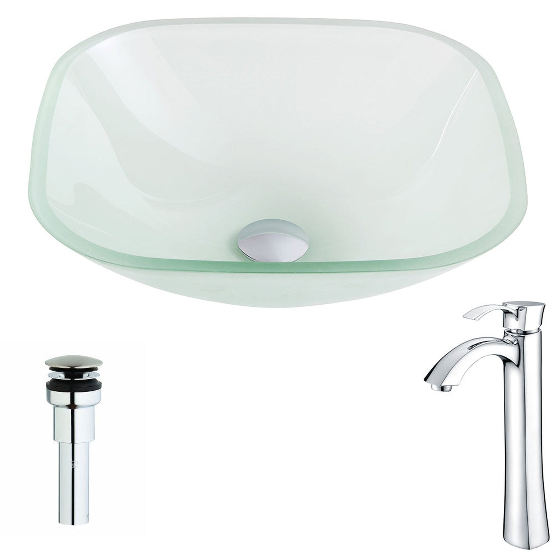ANZZI Vista Series 17" x 17" Square Shape Lustrous Frosted Deco-Glass Vessel Sink With Polished Chrome Pop-Up Drain and Harmony Faucet