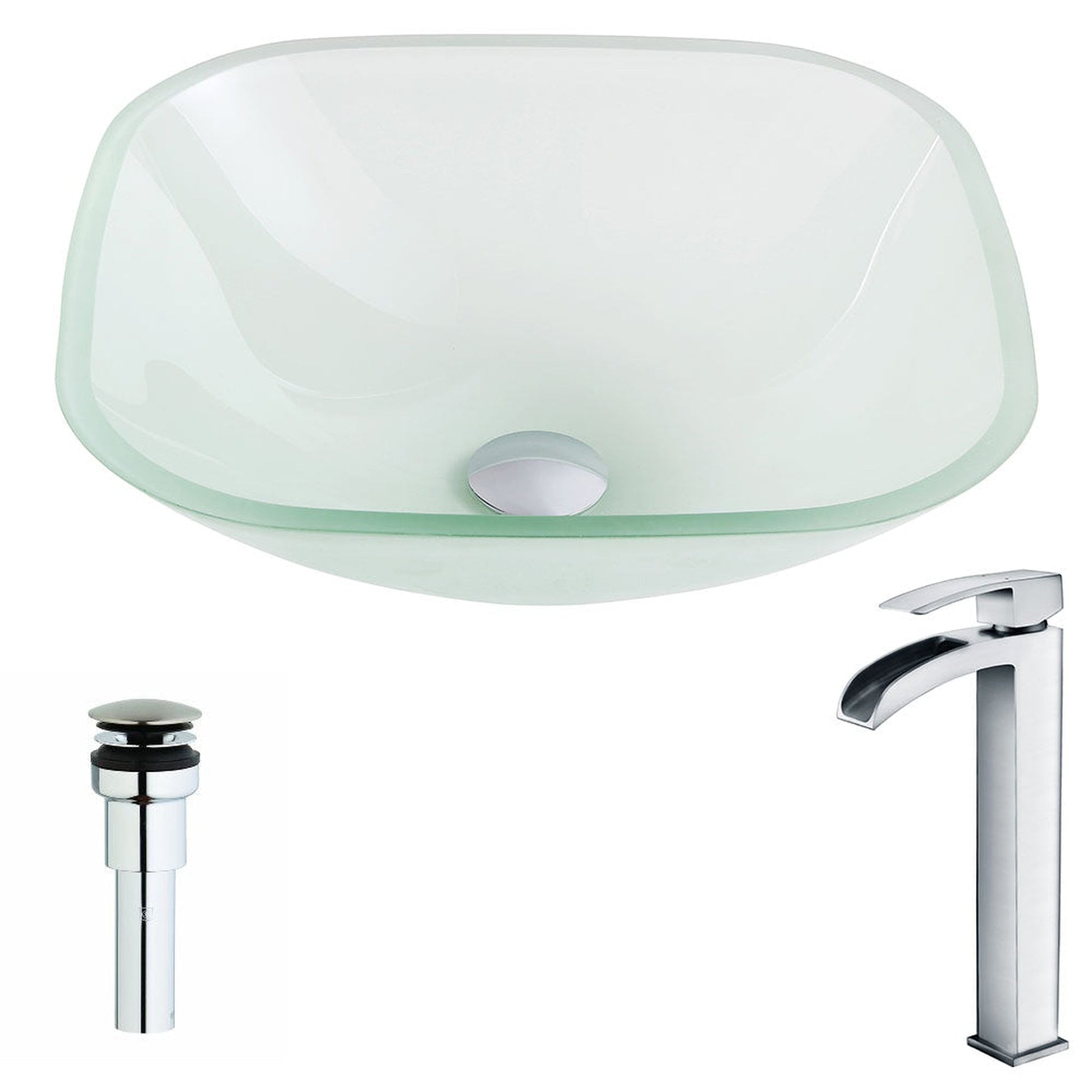 ANZZI Vista Series 17" x 17" Square Shape Lustrous Frosted Deco-Glass Vessel Sink With Polished Chrome Pop-Up Drain and Key Faucet