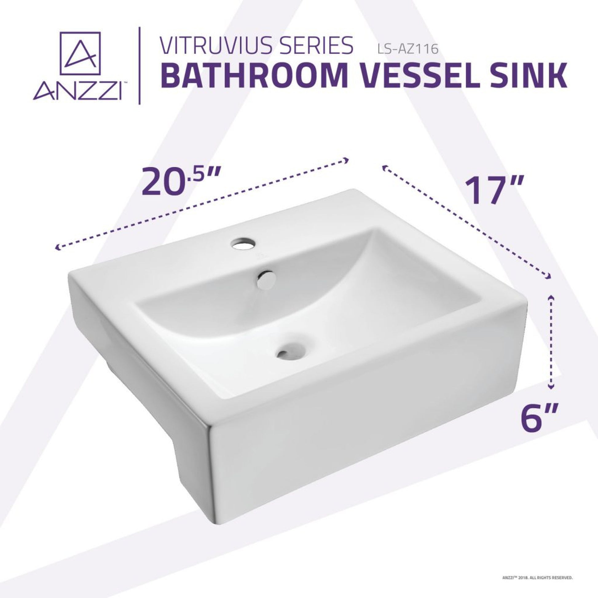 ANZZI Vitruvius Series 21" x 17" Single Hole Rectangular Glossy White Vessel Sink With Built-In Overflow