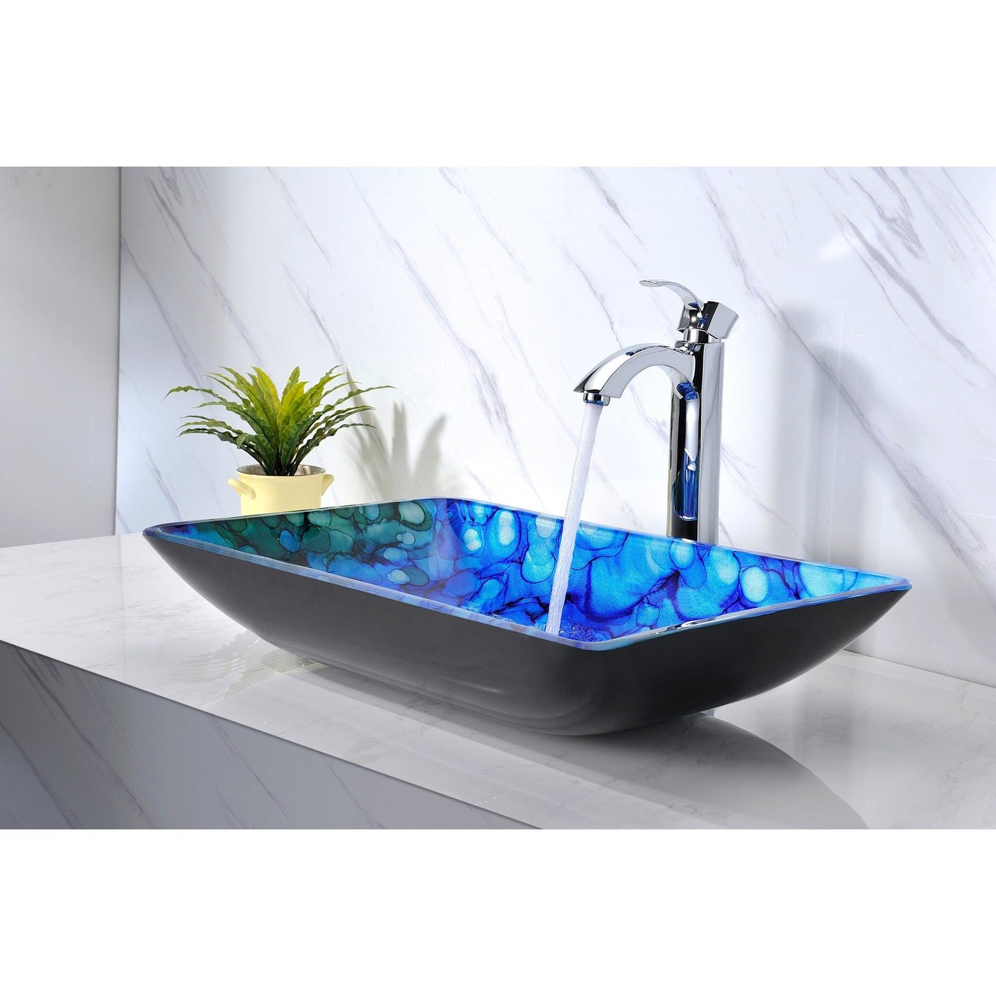 ANZZI Voce Series 23" x 15" Rectangular Lustrous Blue Deco-Glass Vessel Sink With Polished Chrome Pop-Up Drain