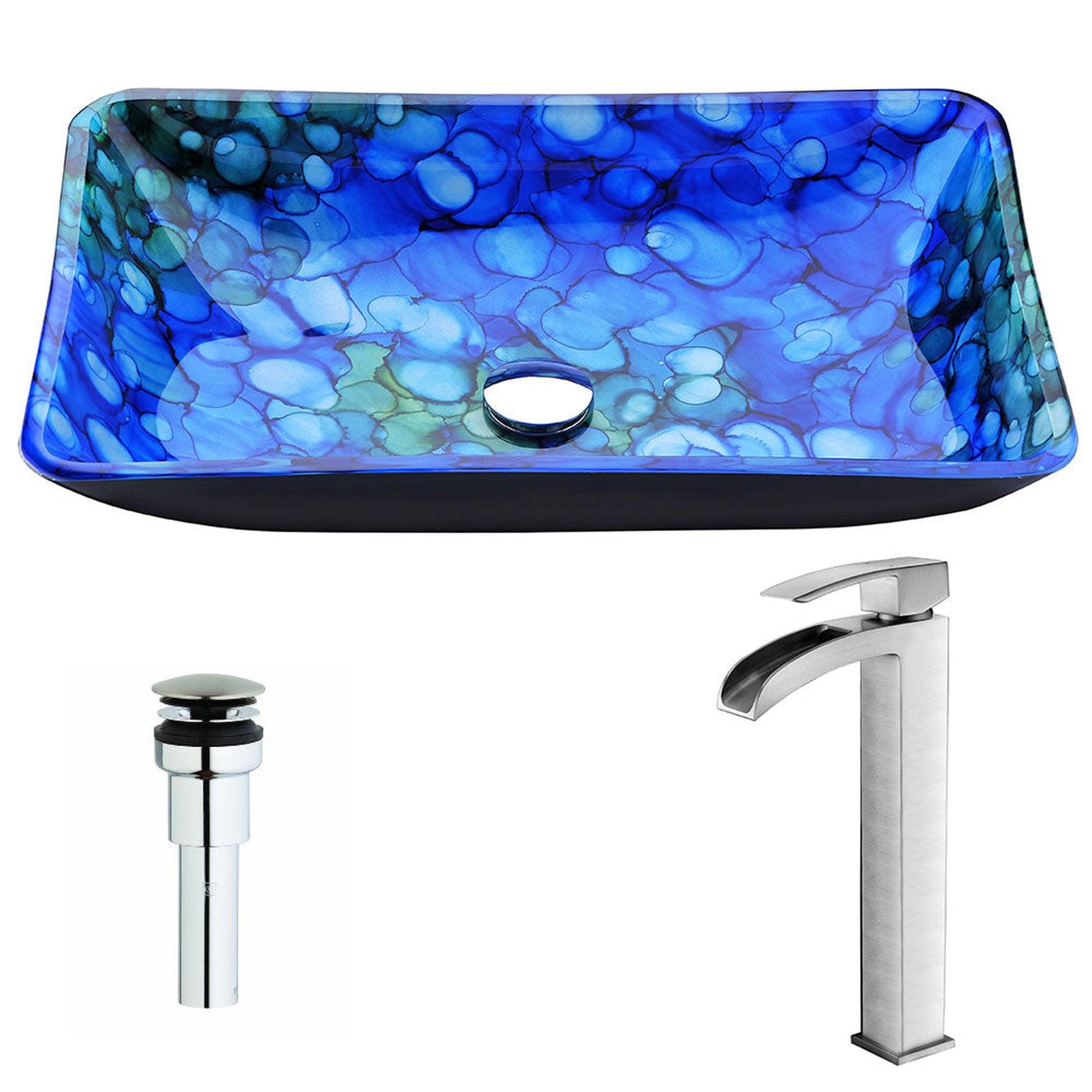 ANZZI Voce Series 23" x 15" Rectangular Lustrous Blue Deco-Glass Vessel Sink With Polished Chrome Pop-Up Drain and Brushed Nickel Key Faucet