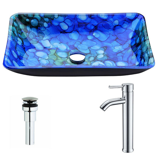 ANZZI Voce Series 23" x 15" Rectangular Lustrous Blue Deco-Glass Vessel Sink With Polished Chrome Pop-Up Drain and Fann Faucet