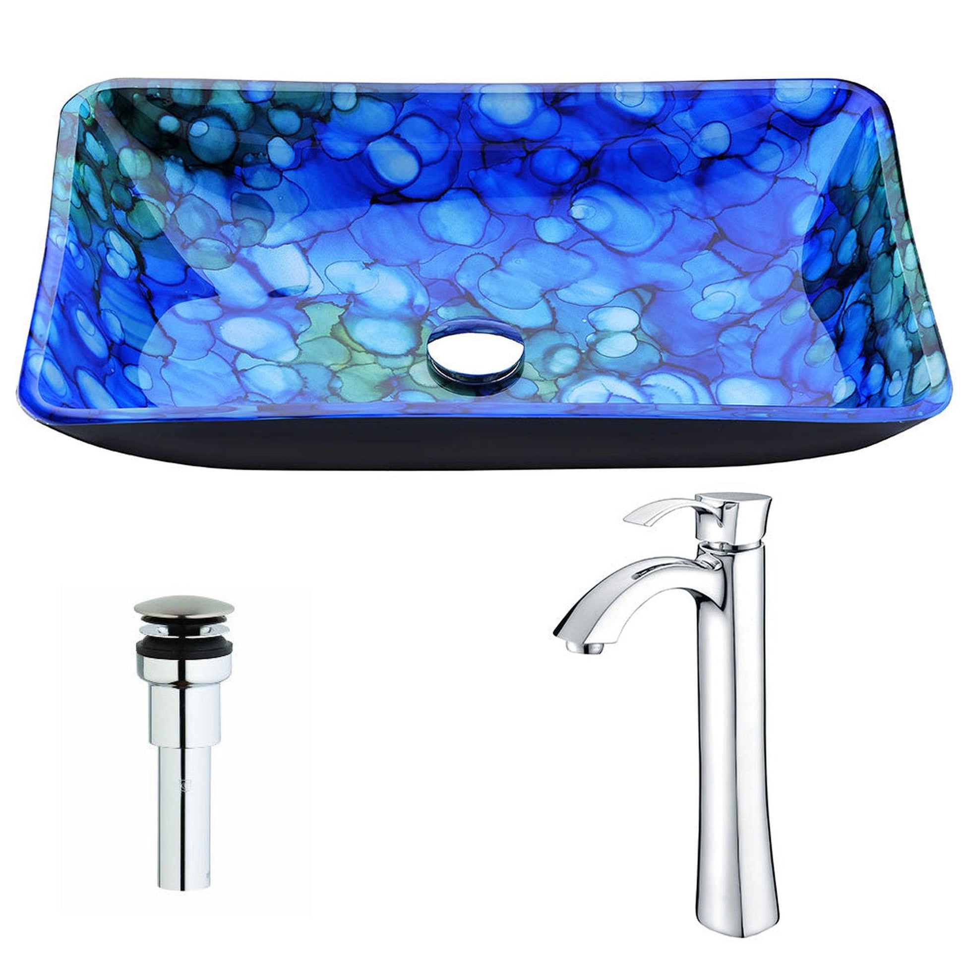 ANZZI Voce Series 23" x 15" Rectangular Lustrous Blue Deco-Glass Vessel Sink With Polished Chrome Pop-Up Drain and Harmony Faucet