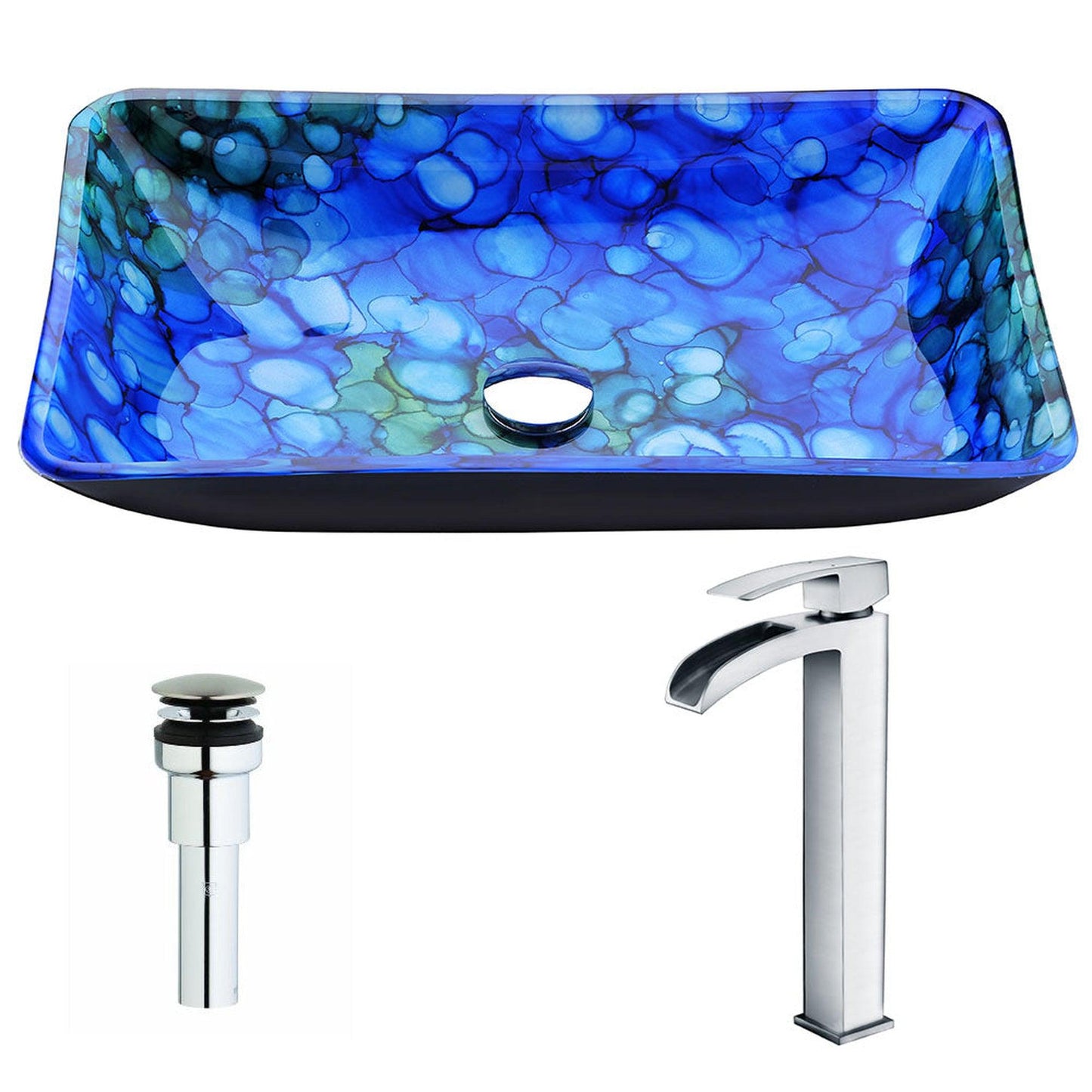 ANZZI Voce Series 23" x 15" Rectangular Lustrous Blue Deco-Glass Vessel Sink With Polished Chrome Pop-Up Drain and Key Faucet