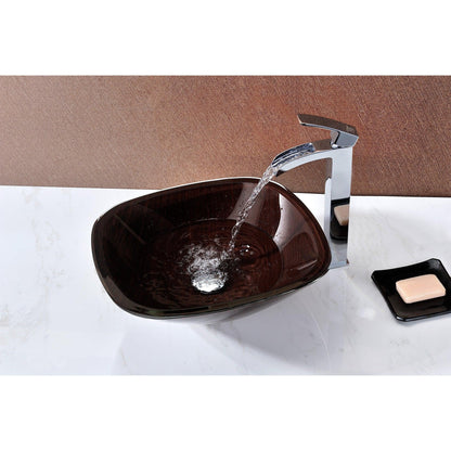 ANZZI Vonu Series 16" x 16" Square Shaped Rich Timber Deco-Glass Vessel Sink With Polished Chrome Pop-Up Drain