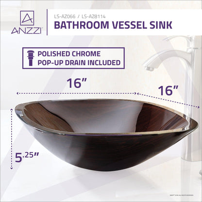 ANZZI Vonu Series 16" x 16" Square Shaped Rich Timber Deco-Glass Vessel Sink With Polished Chrome Pop-Up Drain