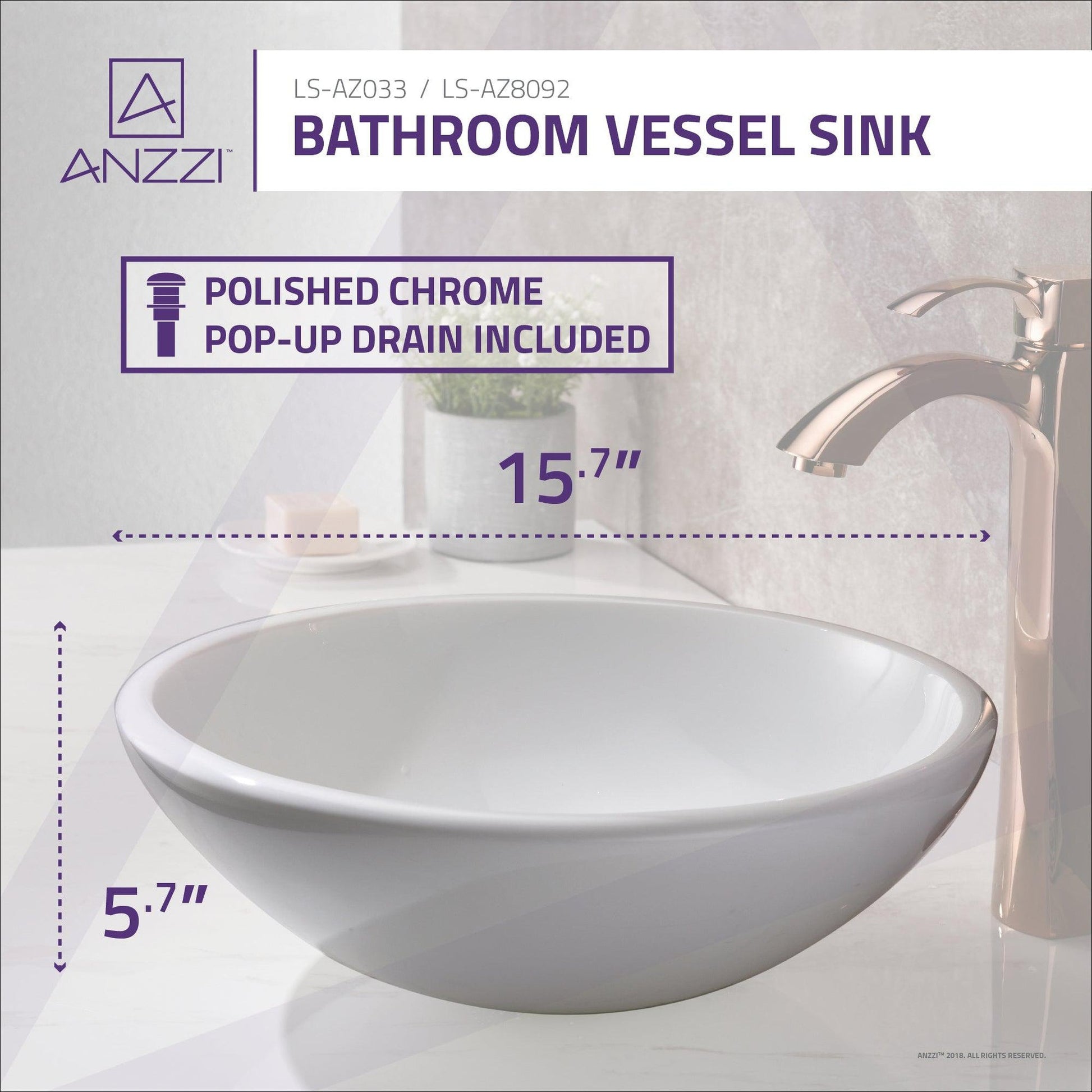ANZZI Warika Series 16" x 16" Round Glossy White Deco-Glass Vessel Sink With Polished Chrome Pop-Up Drain