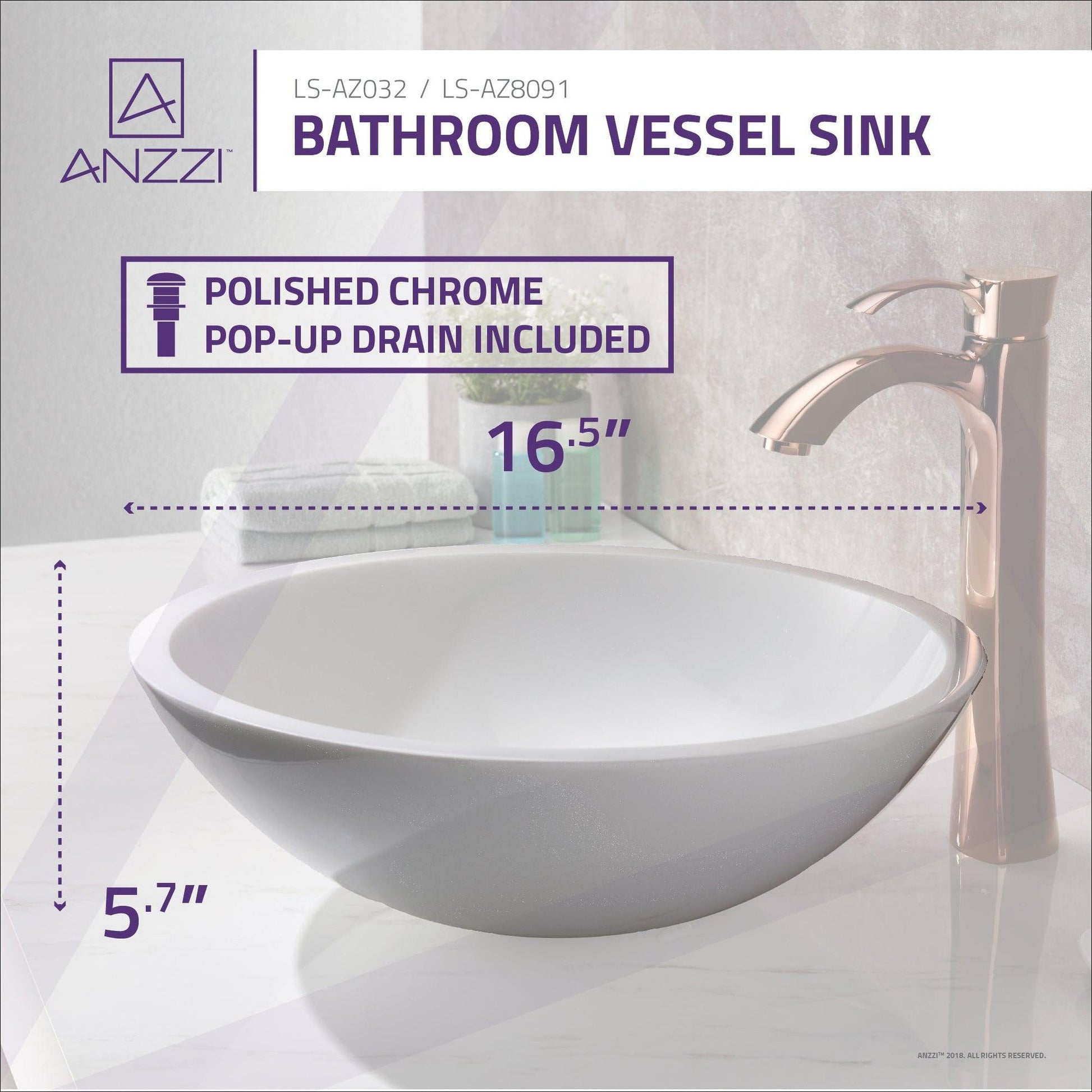 ANZZI Warika Series 17" x 17" Round Glossy White Deco-Glass Vessel Sink With Polished Chrome Pop-Up Drain