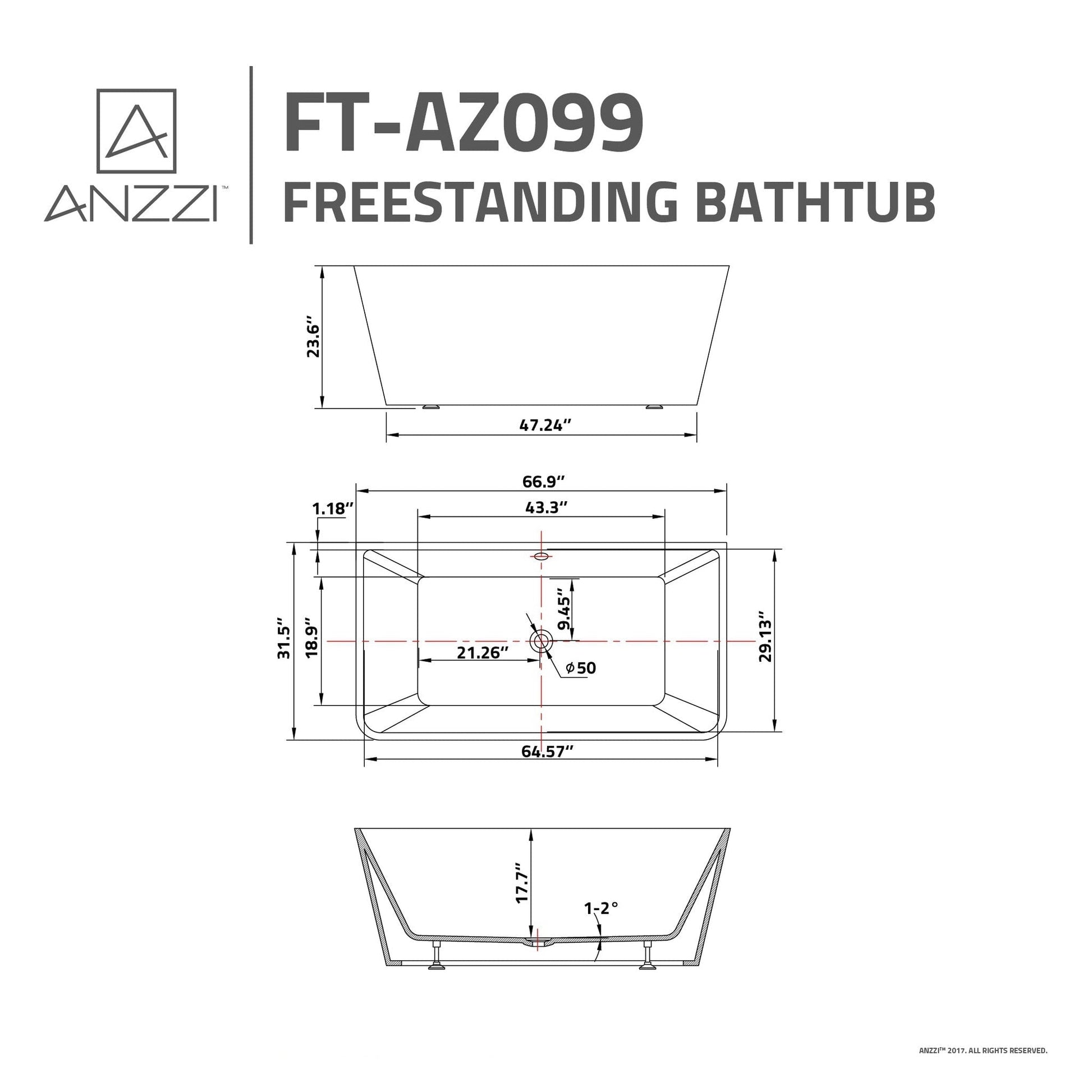 ANZZI Zenith Series 67" x 32" Glossy White Freestanding Bathtub With Built-In Overflow and Pop-Up Drain