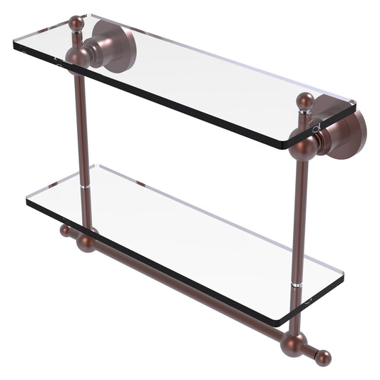 Allied Brass Astor Place 16" x 5" Antique Copper Solid Brass Two-Tiered Glass Shelf With Integrated Towel Bar