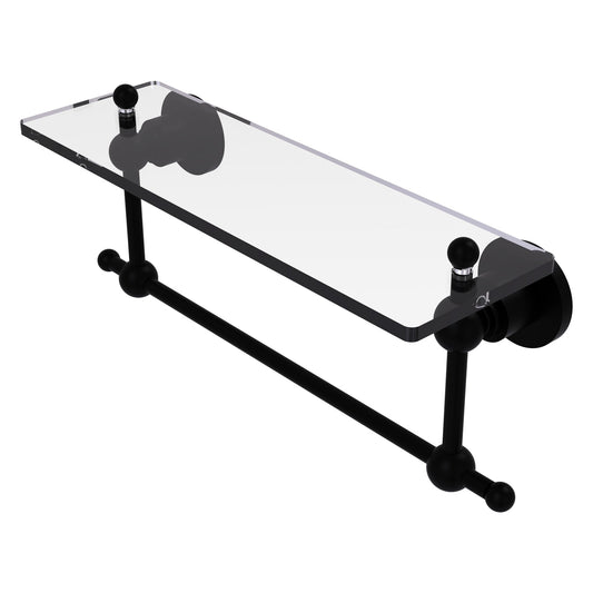 Allied Brass Astor Place 16" x 5" Matte Black Solid Brass Glass Vanity Shelf With Integrated Towel Bar