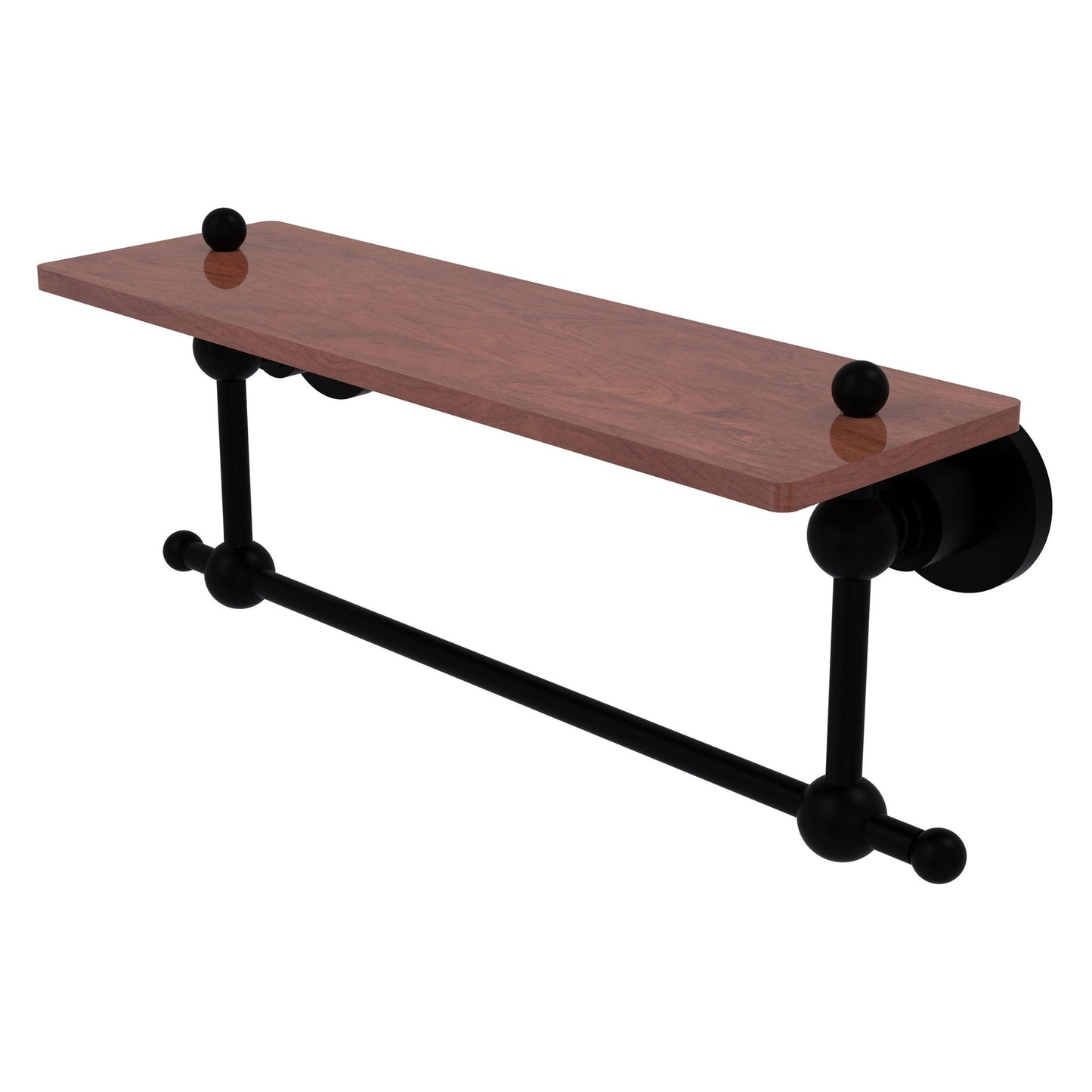 Allied Brass Astor Place 16" x 5" Matte Black Solid Brass Solid IPE Ironwood Shelf With Integrated Towel Bar