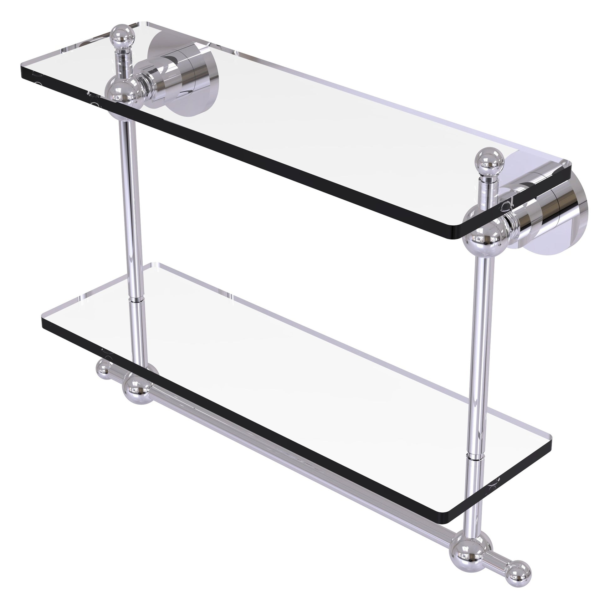 Allied Brass Astor Place 16" x 5" Polished Chrome Solid Brass Two-Tiered Glass Shelf With Integrated Towel Bar