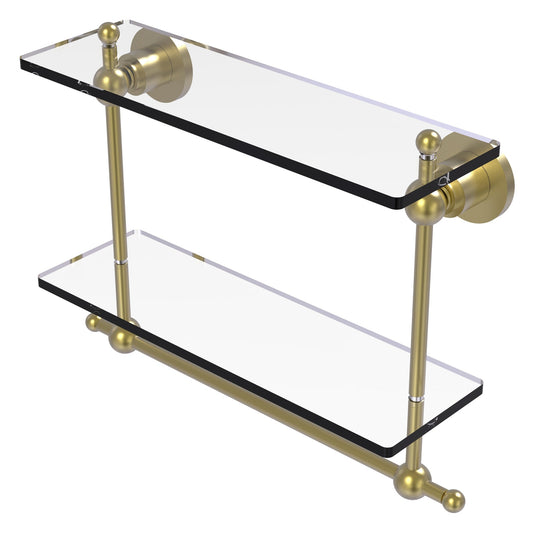 Allied Brass Astor Place 16" x 5" Satin Brass Solid Brass Two-Tiered Glass Shelf With Integrated Towel Bar