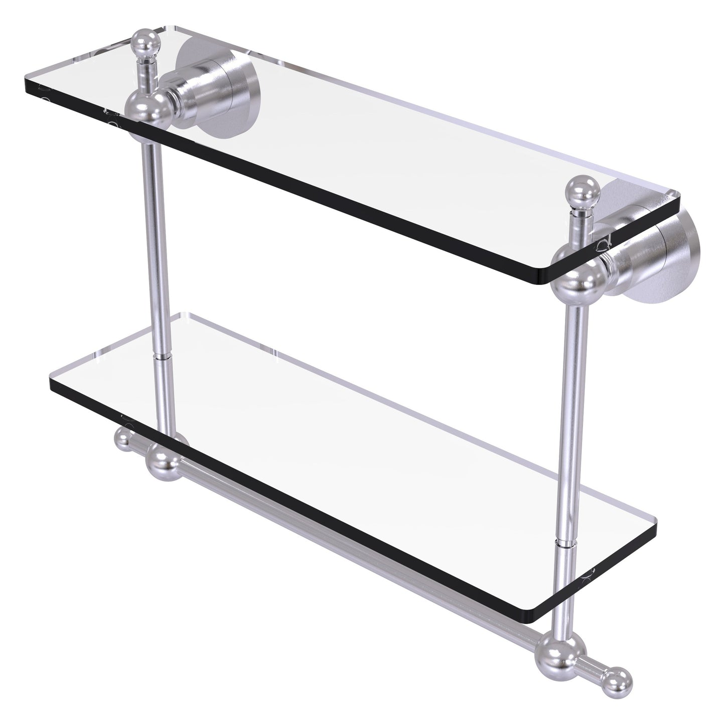Allied Brass Astor Place 16" x 5" Satin Chrome Solid Brass Two-Tiered Glass Shelf With Integrated Towel Bar