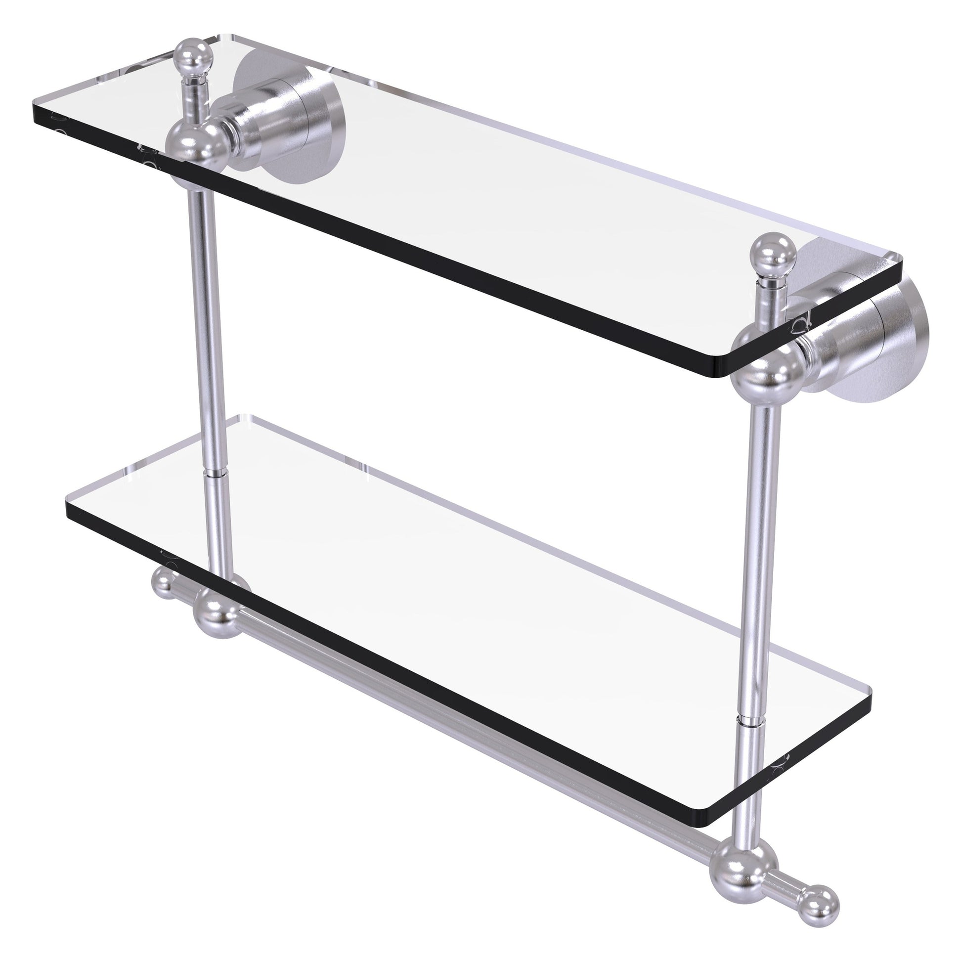 Allied Brass Astor Place 16" x 5" Satin Chrome Solid Brass Two-Tiered Glass Shelf With Integrated Towel Bar