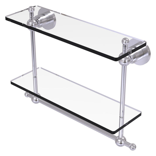 Allied Brass Astor Place 16" x 5" Satin Chrome Solid Brass Two-Tiered Glass Shelf With Integrated Towel Bar