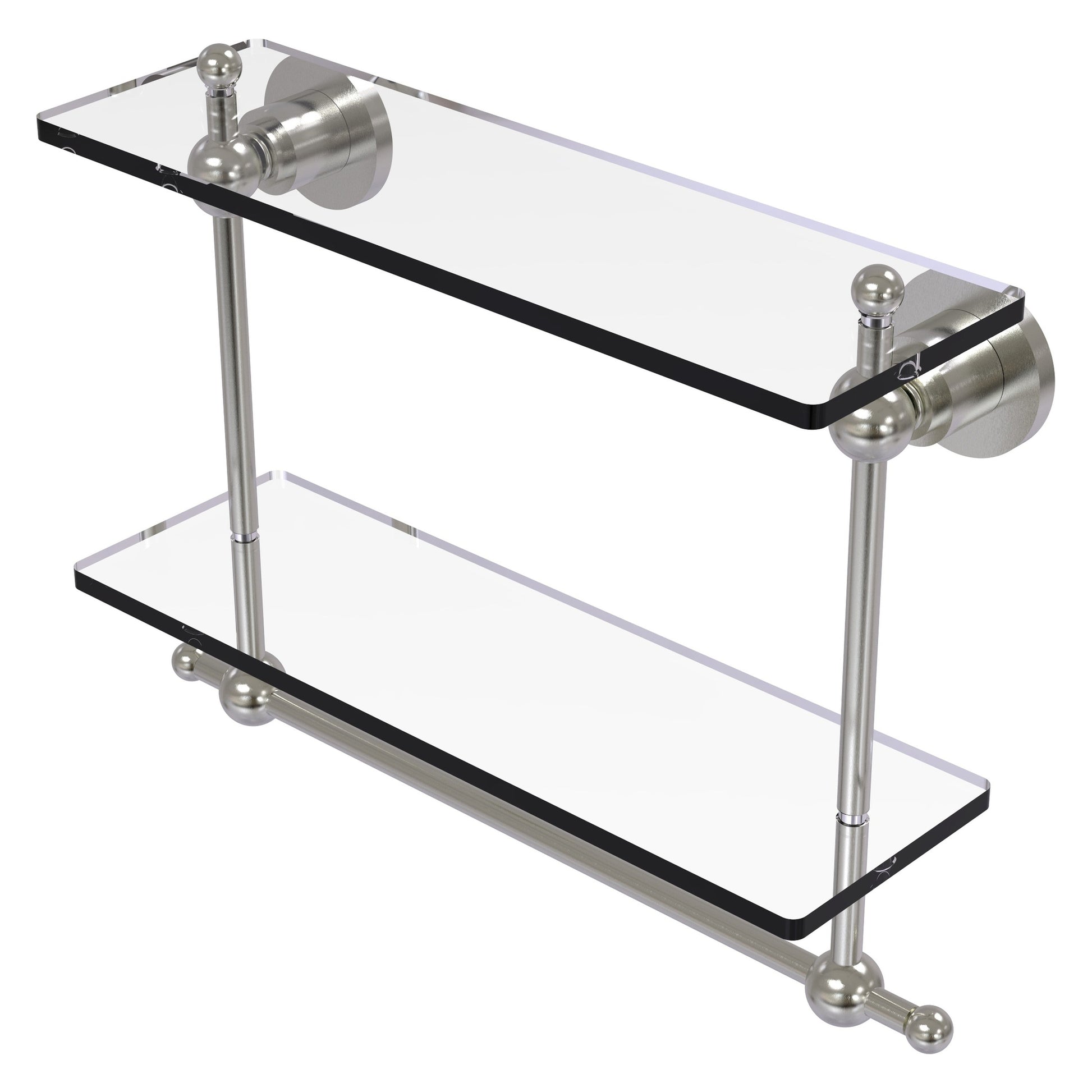 Allied Brass Astor Place 16" x 5" Satin Nickel Solid Brass Two-Tiered Glass Shelf With Integrated Towel Bar