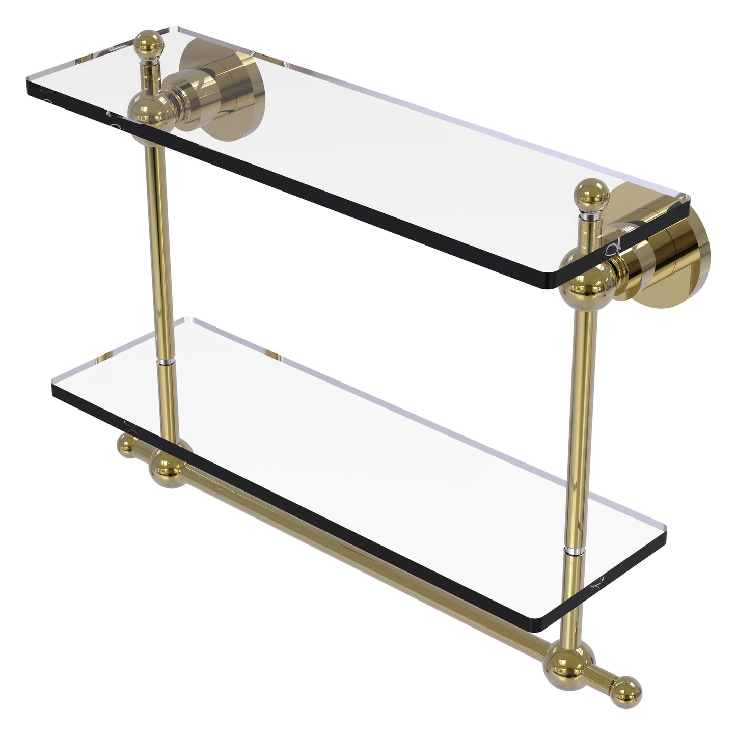 Allied Brass Astor Place 16" x 5" Unlacquered Brass Solid Brass Two-Tiered Glass Shelf With Integrated Towel Bar