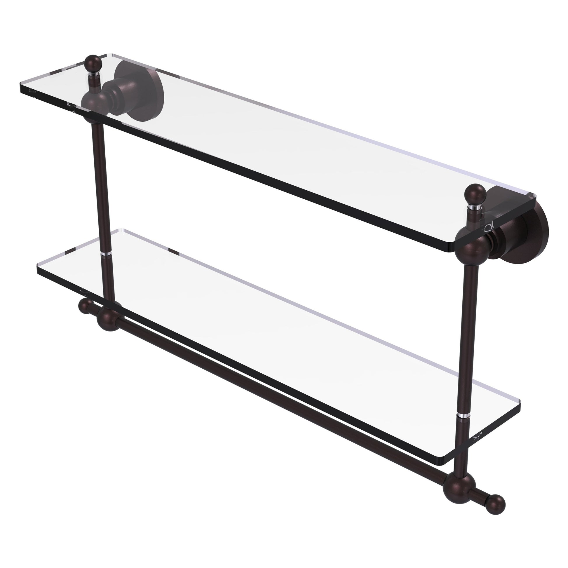 Allied Brass Astor Place 22" x 5" Antique Bronze Solid Brass Two-Tiered Glass Shelf With Integrated Towel Bar